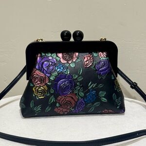 Embossed Rose Genuine Leather Handmade Wooden Frame Clutch/Wristlet /Crossbody